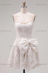 Floral White Lace A-Line Strapless Short Homecoming Dress with Bow