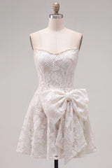 Floral White Lace A-Line Strapless Short Homecoming Dress with Bow