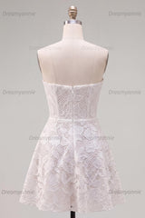 Floral White Lace A-Line Strapless Short Homecoming Dress with Bow