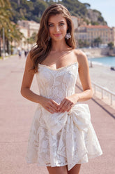 Floral White Lace A-Line Strapless Short Homecoming Dress with Bow