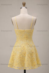 Floral Yellow A-Line Beaded Short Homecoming Dress