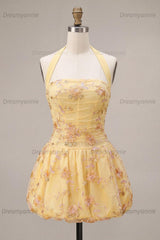 Floral Yellow A-Line Halter Short Corset Homecoming Dress