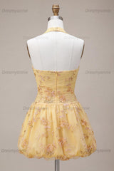 Floral Yellow A-Line Halter Short Corset Homecoming Dress