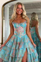 Floral Print Prom Dress Tiered Ruffle Formal Dress with Corset Detail & Front Slit