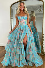 Floral Print Prom Dress Tiered Ruffle Formal Dress with Corset Detail & Front Slit