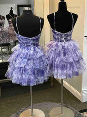 Flower A-Line Tiered Tulle Spaghetti Straps Homecoming Dress