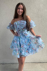 Fluffy Blue Homecoming Dress Corset Off The Shoulder A-Line Short Cocktail Dresses