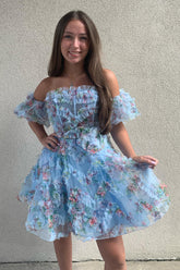 Fluffy Blue Homecoming Dress Corset Off The Shoulder A-Line Short Prom Dress