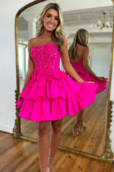 Fluffy Fuchsia Homecoming Dress Tight Short Prom Dress with Ruffles