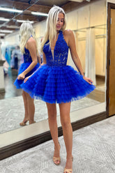 Fluffy Royal Blue Homecoming Dress A Line Halter Tiered Short Corset Prom Dress