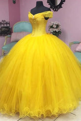 Formal Ball Gown Off Shoulder Sleeveless Floor Length Yellow Tulle Princess Gown Quinceanera Dress For Sweet 16