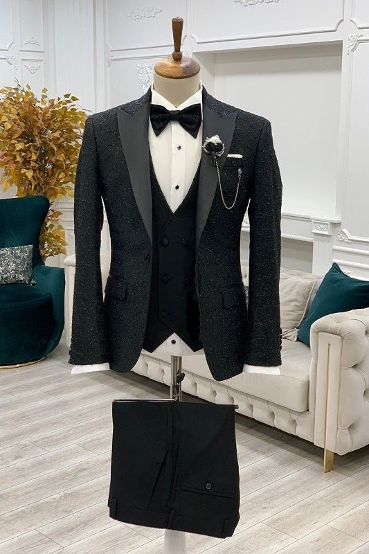 Formal Black Jacquard Peaked Lapel 3 Piece Prom Suit