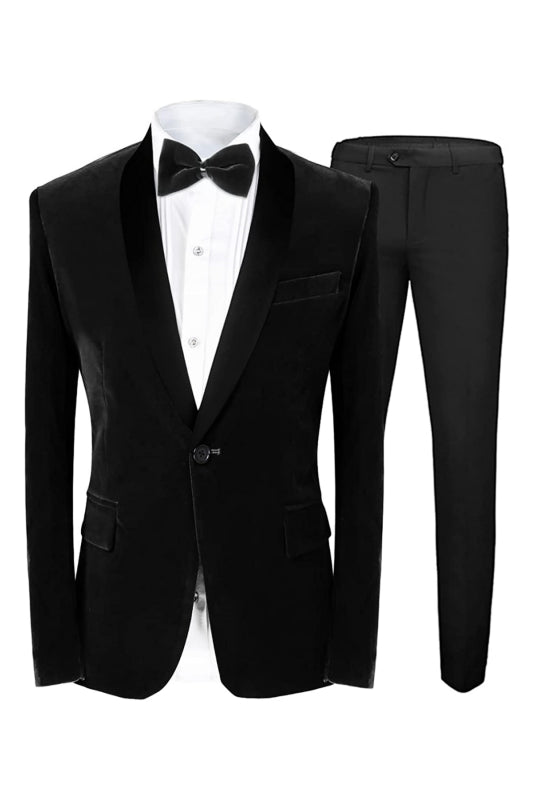 Formal Black Shawl Lapel 2 Piece Velvet Wedding Suit for Men