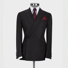 Formal Black Striped Peaked Lapel Business Suit