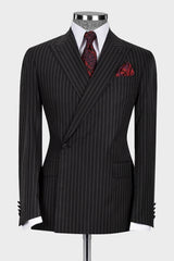 Formal Black Striped Peaked Lapel Business Suit