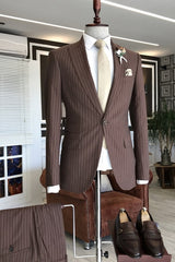 Formal Brown Peaked Lapel 2 Piece Striped Business Suit