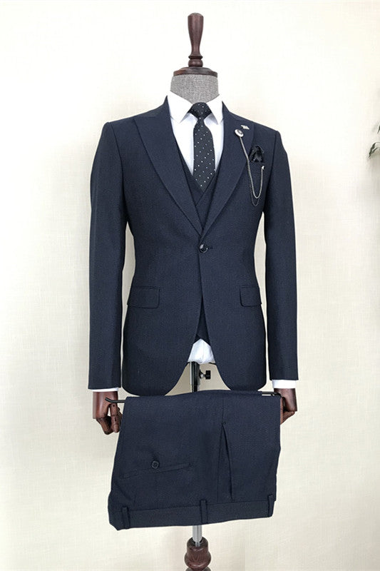 Formal Navy Blue 3 Piece Peaked Lapel Business Men's Suit