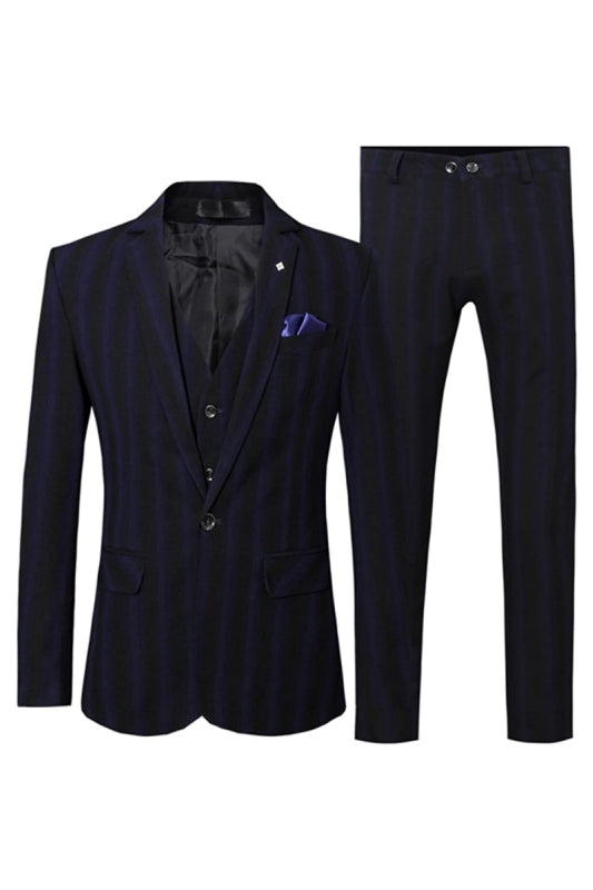 Formal Navy Blue Notched Lapel 3 Piece Striped Business Suit