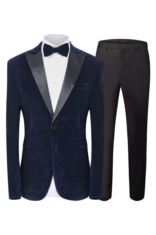 Formal Navy Blue Peaked Lapel 2 Piece Velvet Men's Prom Suit