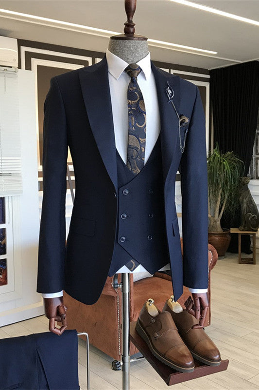 Formal Navy Blue Peaked Lapel 3 Piece Business Suit