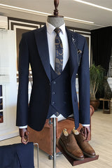 Formal Navy Blue Peaked Lapel 3 Piece Business Suit