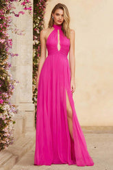 Fuchsia chiffon A-line prom dress with keyhole halter neck and high slit, full front view