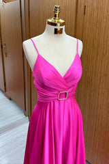 Fuchsia A Line Long Prom Dress Spaghetti Straps Evening Dress