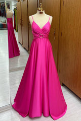 Fuchsia A Line Long Prom Dress Spaghetti Straps Evening Dress