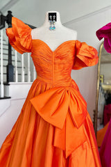 Fuchsia A Line Long Prom Dress with Puff Sleeves