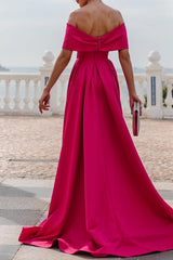 Fuchsia A Line Off the Shoulder Evening Dress Floor Length Wedding Guest Dress with Slit