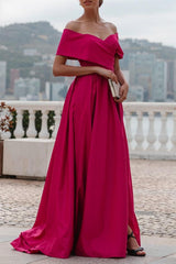 Fuchsia A Line Off the Shoulder Formal Dress Floor Length Wedding Guest Dress with Slit