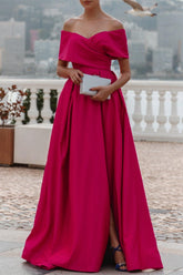 Fuchsia A Line Off the Shoulder Formal Dress Floor Length Wedding Guest Dress with Slit