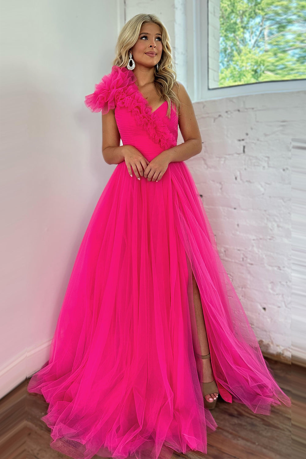Fuchsia A Line One Shoulder Long Tulle Prom Dress with Ruffles