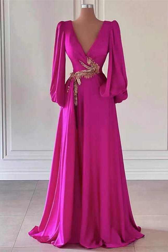 Fuchsia A Line Prom Dress Long Sleeve V Neck Beaded Formal Dress