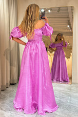 Fuchsia A Line Prom Dress Puff Sleeve Evening Dress