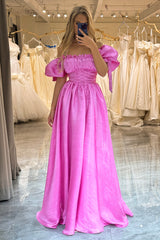 Fuchsia A Line Prom Dress Puff Sleeve Evening Dress