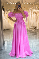 Fuchsia A Line Prom Dress Puff Sleeve Evening Dress