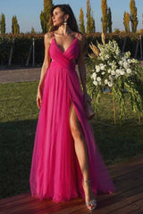 Fuchsia A Line Prom Dress Sleeveless Spaghetti Straps Formal Dress