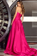 Fuchsia A Line Prom Dress Sleeveless Strapless Satin Formal Dress