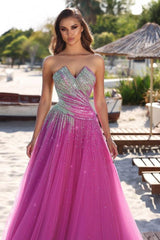 Fuchsia A Line Prom Dress Sleeveless Sweetheart Beaded Formal Dress