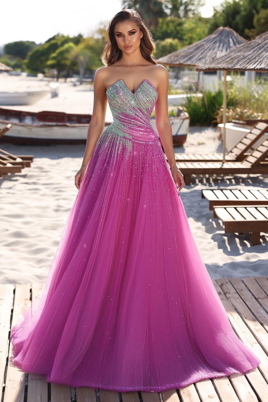 Fuchsia A Line Prom Dress Sleeveless Sweetheart Beaded Formal Dress