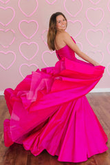 Fuchsia A Line Prom Dress Sweetheart Sleeveless Satin Long Evening Dress