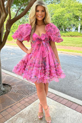 Fuchsia A-Line Puff Sleeves Sweetheart Floral Short Homecoming Dress