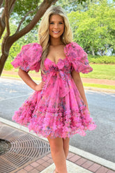 Fuchsia A-Line Puff Sleeves Sweetheart Floral Short Homecoming Dress