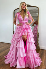 Fuchsia A Line Tiered Prom Dress V-Neck Long Ruffled Evening Dress