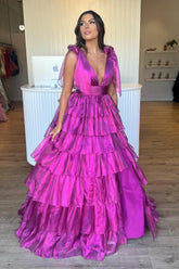 Fuchsia A Line Tiered Prom Dress V-Neck Long Ruffled Evening Dress