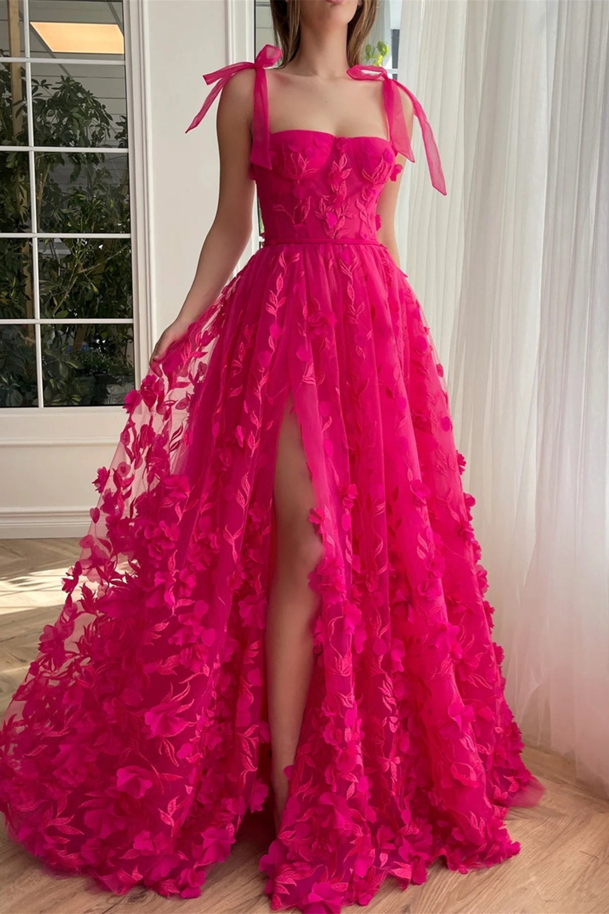 Fuchsia A Line Tulle Prom Dress Appliques spaghetti Straps Formal Dress