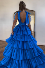 Royal Blue A Line V Neck Ruffled Long Prom Dress