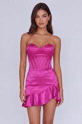 Fuchsia Beaded Corset Ruffled Strapless Tight Short Homecoming Dress