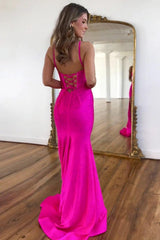 Fuchsia Beaded Mermaid Prom Dress With Spaghetti Straps And Lace-Up Back Formal Evening Gown